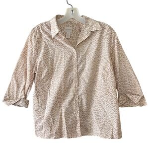 Chico's No-Iron Button Down Shirt 0P Petite Split Cuff Tan Leopard Print Office
